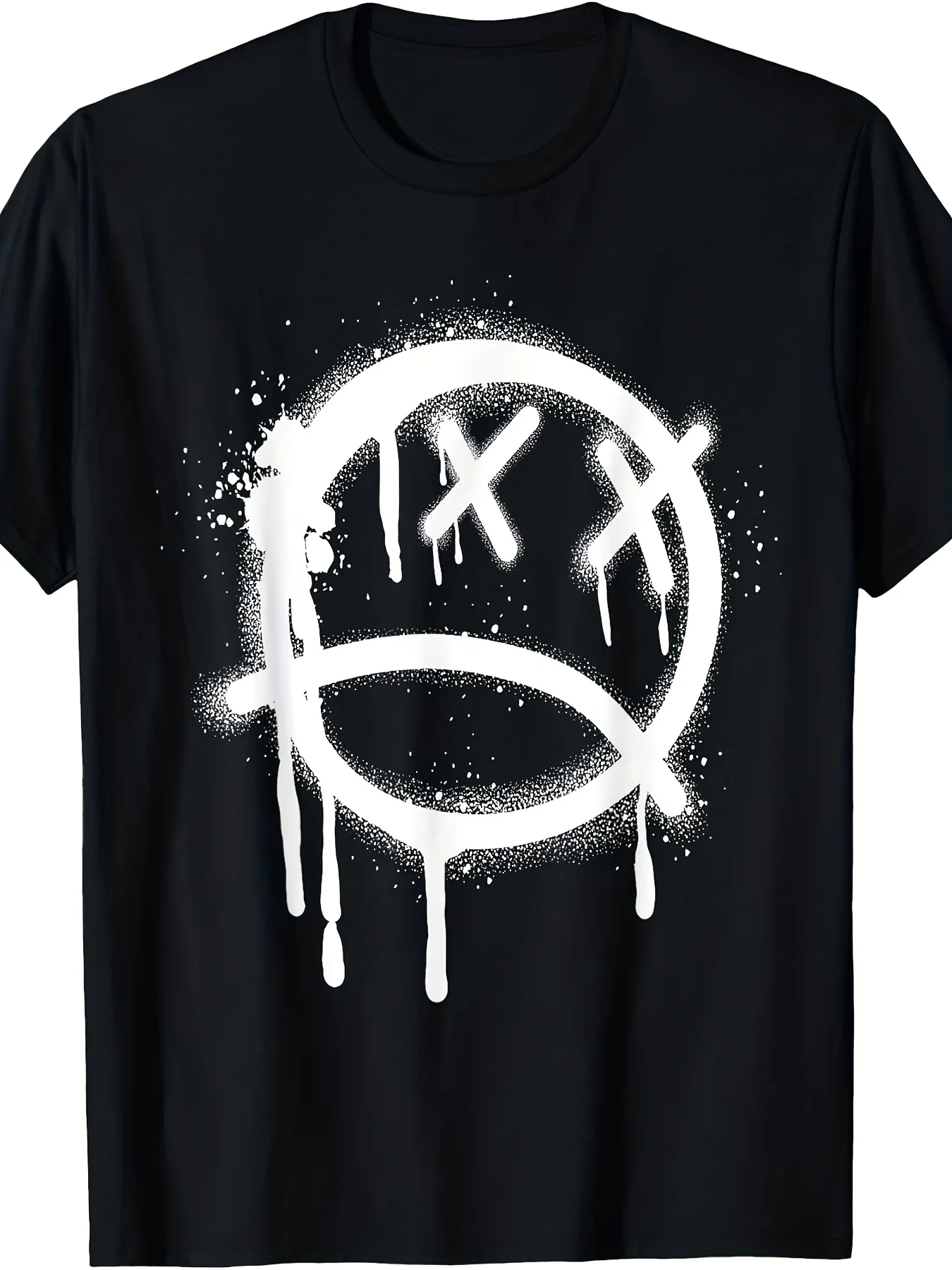 Vintage Graffiti Sad Face T-Shirt - Black Spray-Painted Design, Crew Neck, Casual Street Style Short Sleeves, Machine Washable, Urban Style, Suitable for All Seasons, Ideal for Graffiti Activities