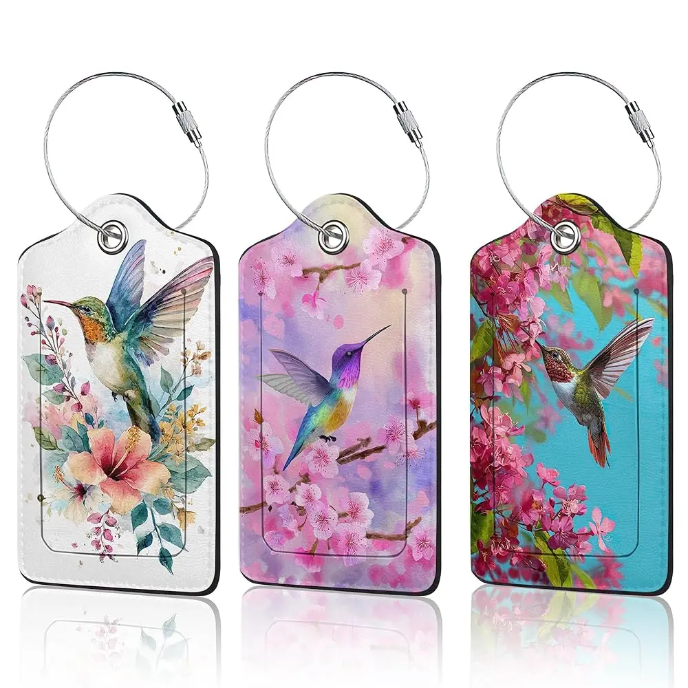 

Набор из 3 багажных бирок Hummingbird Flowers для чемоданов, милые кожаные именные бирки с защитной крышкой и петлями из нержавеющей стали, T