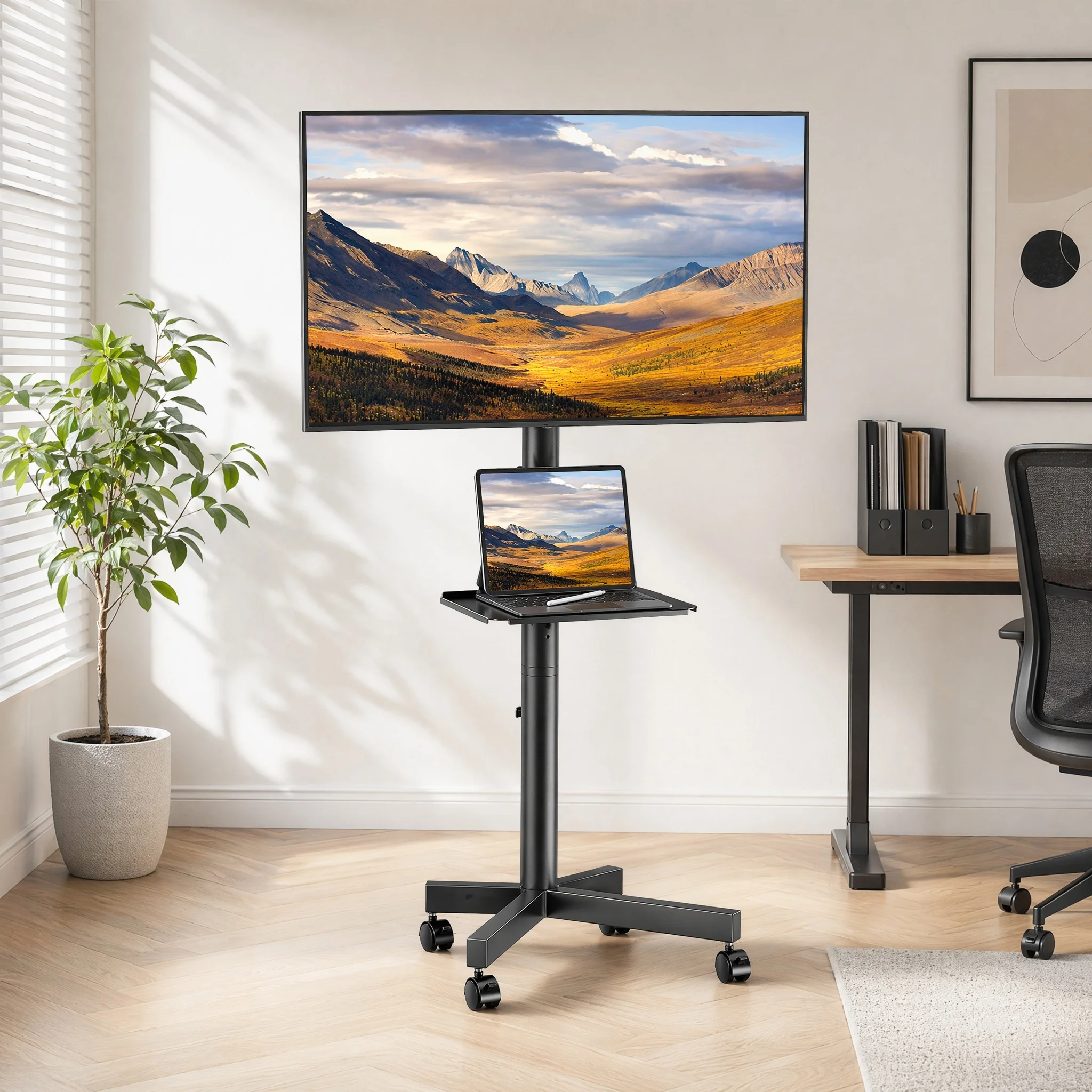 Rolling TV Stand on Wheels with Tilt for 23-65 Inch Screen TVs, Mobile TV Cart Height - Adjustable with Shelf/Tray, Portable TV Stand Holds up to 99 lbs, Max VESA 400x400mm