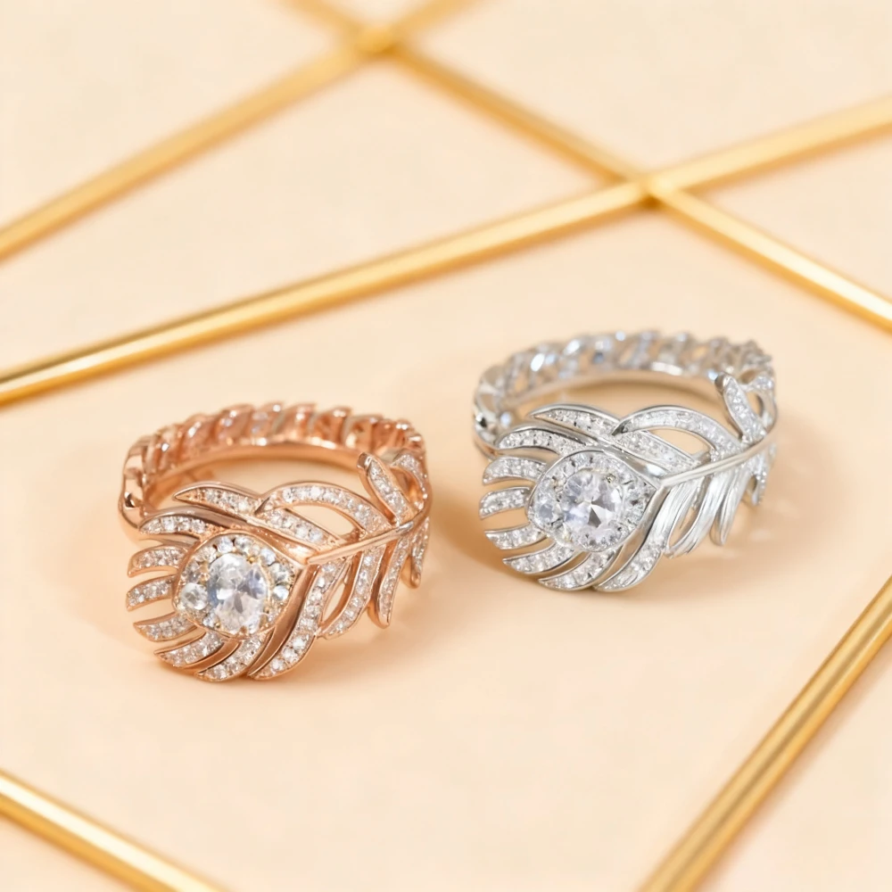 

2025 New Elegant accessories Jewelry For Women Rose Gold Feather Design Rings Wedding Jewelry Engagement Classic Ring Friendship