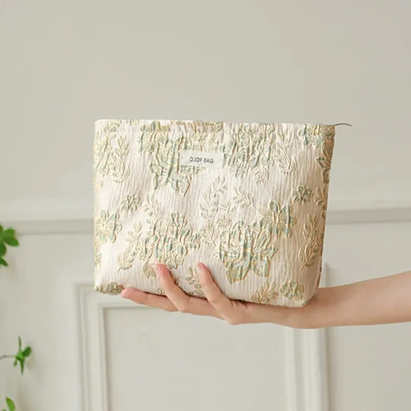 Borsa per il trucco da donna fiori d\'oro verde borsa per il cuscino d\'aria del rossetto di grande capacità borsa da toilette portatile con frizione