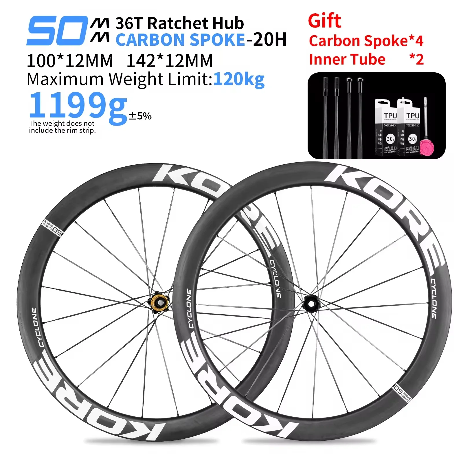 KORE Carbon Spaakwielset - 50mm - T1000 Carbon Velgen 36T/60T Ratchet Naaf XDR/HG 700C Ontwerp voor Ultralichte Raceprestaties