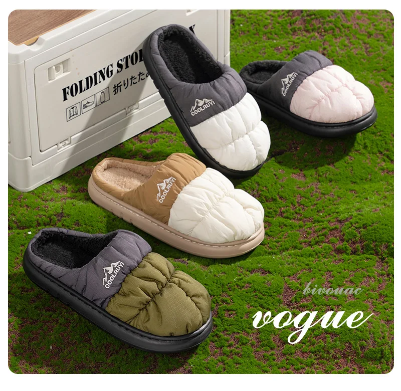 

Thick Sole Down Waterproof Women Slippers Fashion Mix Color Non Slip Cotton Shoes Woman Comfy Outdoor Plush Warm Winter Slippers