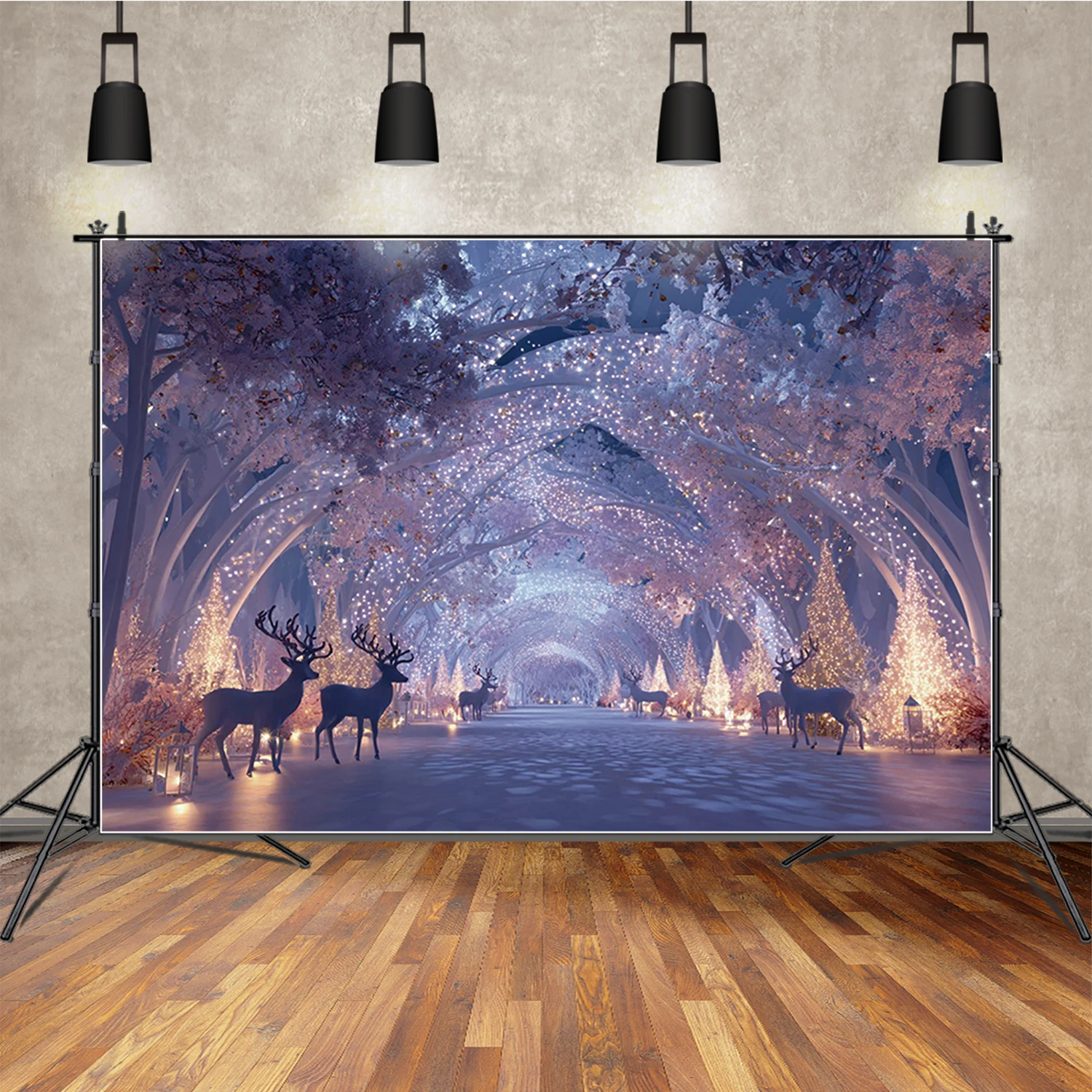 

MOON.QG Elk Snow Christmas Trees Background Arch Road Light Photography Backdrop Photo Booth Children Studio Accessories Props