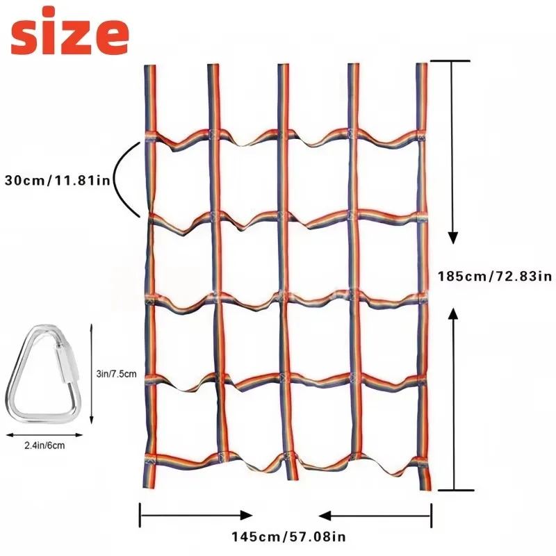 Outdoor Gekleurd Lint Klimnet Kinderen Indoor Avontuur Hangend Duurzaam 100KG Gewichtscapaciteit Driehoek Haak Speelschommel