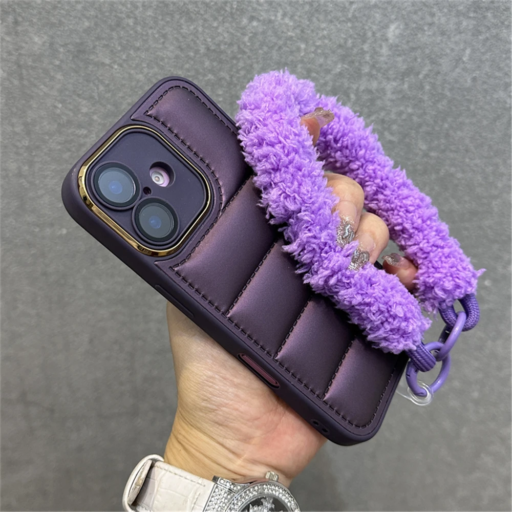 Fashion Down Jacket The Puffer With Wrist Strap Phone Case For iPhone 15 14 13 11 12 16 Pro Max Plus Soft Silicone Bumper Cover