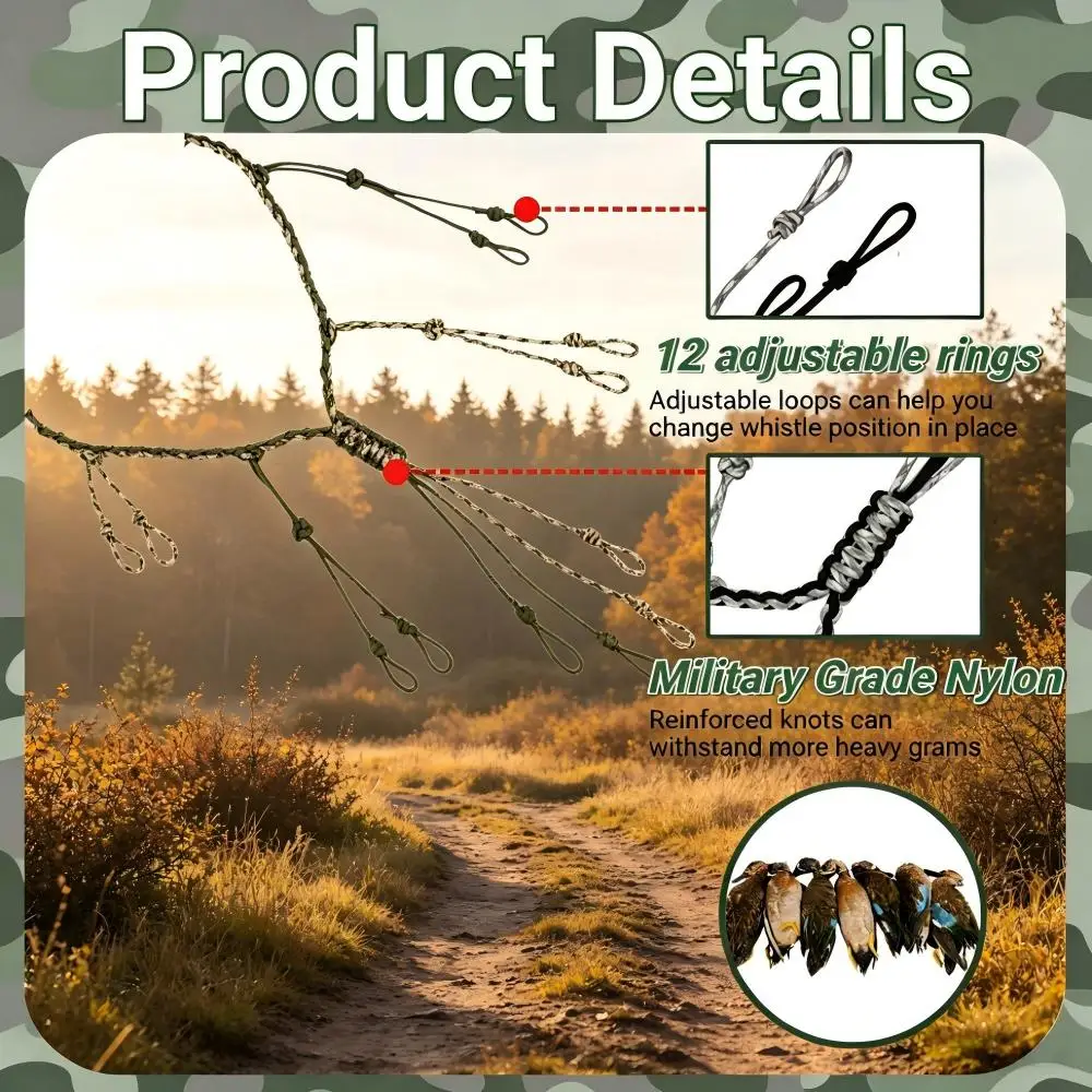 Duck Call Lanyard 12 Adjustable Loops, Camo Paracord Waterfowl Hunting Strap 100cm Neck 2.25cm Width, Calls Not Included