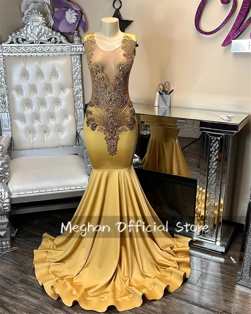 Ouro O N Bead Cristal Longo Prom Vestidos Meninas Pretas Strass 2025 Aniversário Vestido De Luxo Sereia Graduação Vestidos Personalizado