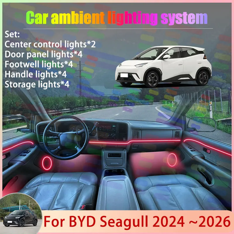

Для BYD Seagull 2024 2025 2026 EQ Dolphin Mini 2/24 в 1, автомобильная атмосферная лампа, RGB абажур, ансамбль, стример, атмосферный набор