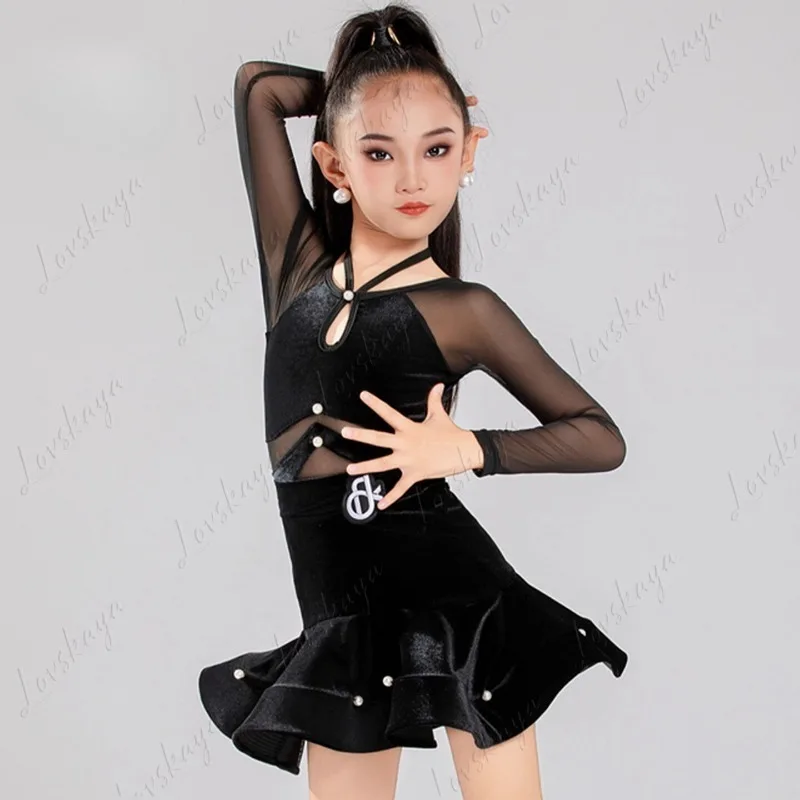 ラテンダンス衣装、練習衣装セット、子供用女の子用ツーピースパフォーマンス衣装、プロフェッショナルトレーニングガーゼスカート