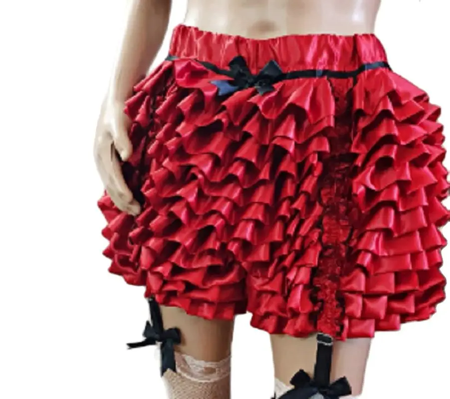 Hot Red Satin Multi layer Pleated Pine Tower Style Sexy Black Line Bowknot Fluffy Shorts Customizable Colors Available