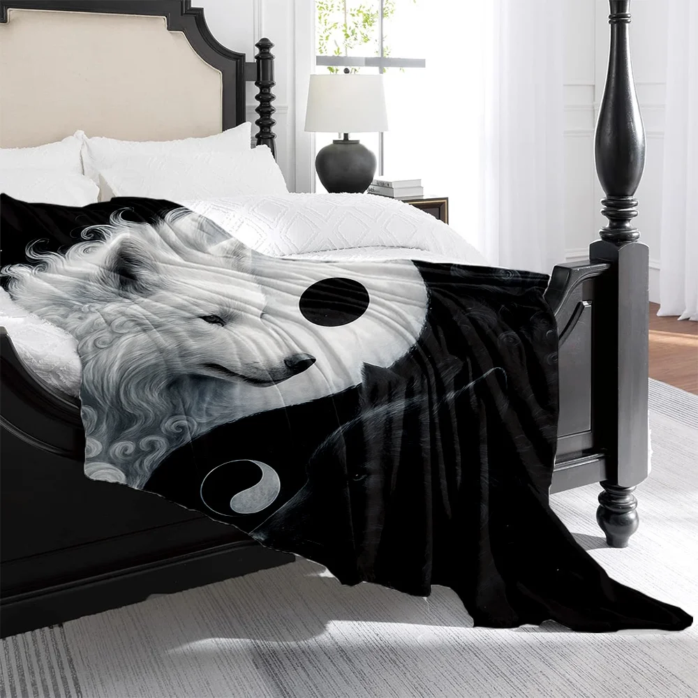 1pc Yin-Yang Wolf & Tai Chi Symbol Flannel Blanket - Heavy-Duty High-GSM All-Season Bedspread, Soft Black & White Martial Arts D