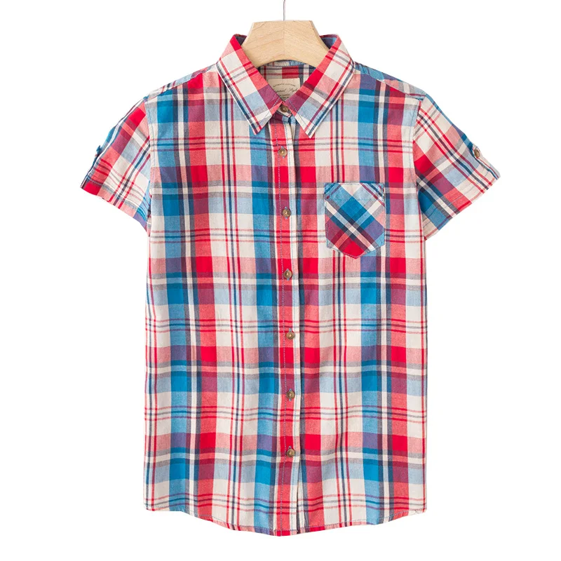 Csa hoada de aodón de talla ande para mujer, Top fino de manga corta a cuadros con protección solar, cuello  Reg...