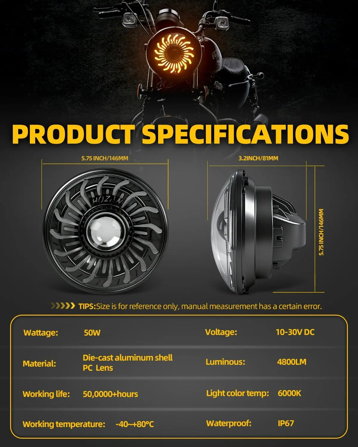 5.75inch Round Led Headlight, with White/Amber Drl, Cyclone Dynamic Halo Drl, 4800Lm High/Low Beam, 5-3/ 4inch Projector Lamp, Suitable for Sportster, Dyna, Softail, Iron 883, Street Bob, Dot Sae Approved