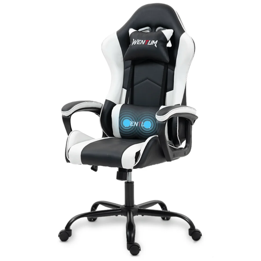 Ergonomic Gaming Chair Racing Style Office Chair, Computer Desk Chair, Swivel Reclining PU Leather PC Gamer Chair, White