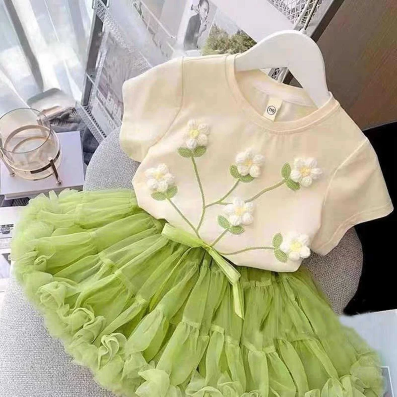 2 3 4 5 6 7 8 Years Girls Clothing Sets Summer Flower Tops And Tutu Skirt Little Princess Baby Suits Birthday Party Kids Clothes