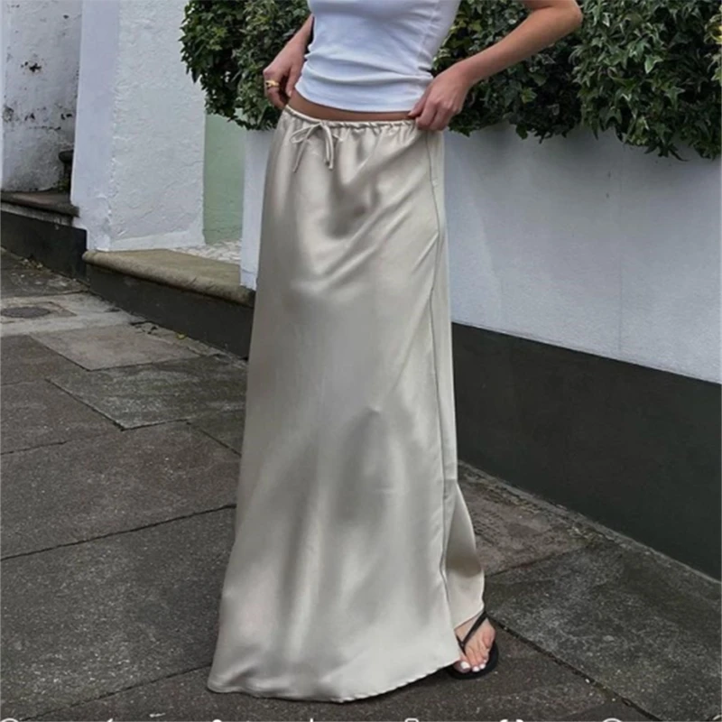 

Chic Women Vintage Straight Skirt Summer Beach Holiday Y2K Satin High Waist Tie Up Long Skirts French Elegant Lady Streetwear