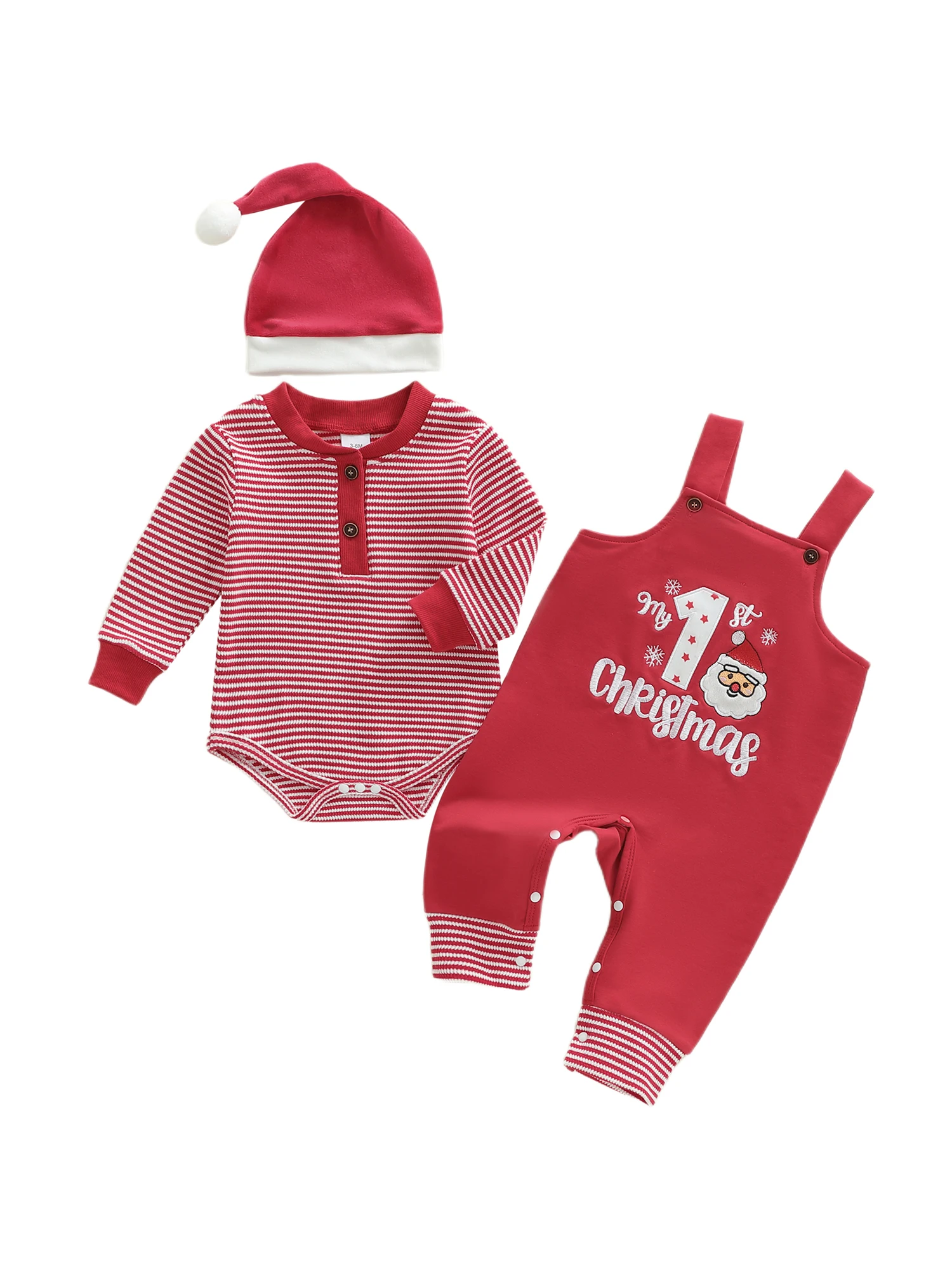 Adorable Christmas Kids 3 Piece Set with Festive Long Sleeve Striped Jumpsuit Santa Letter Print Overalls and Matching Hat