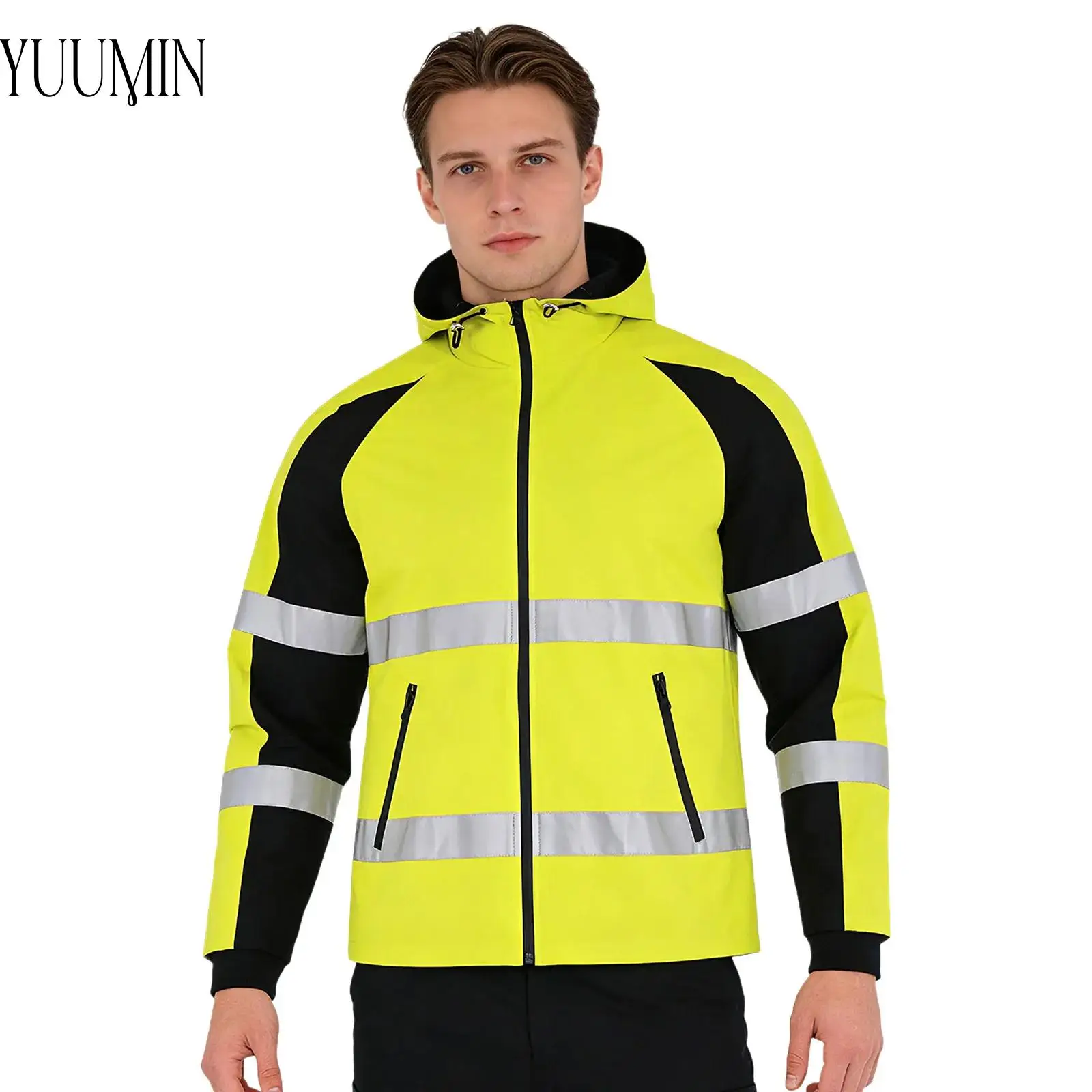 

Mens Quick-drying Hooded Jacket Workwear Color Block Coat with Zip-Up Pocket for Construction Site Warehouse Traffic Control
