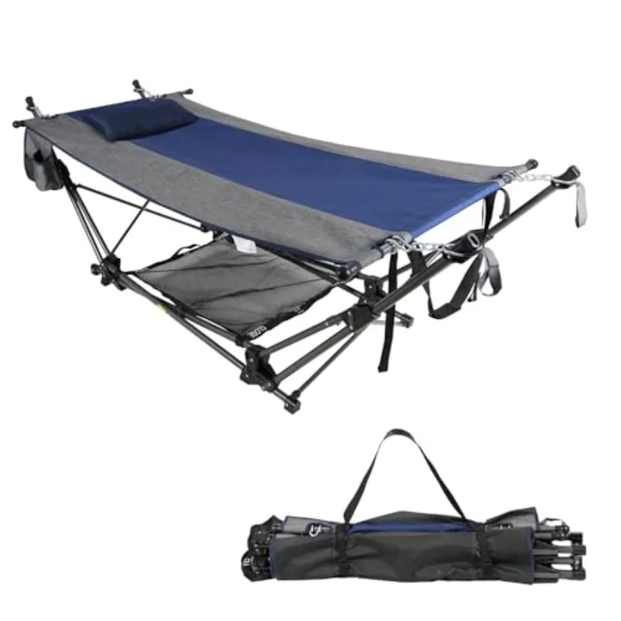 

Portable Folding Hammock with Stand, Foldable Camping Hammock with Removable Pillow, Storage Net, Foldable Lounge Camping Bed f