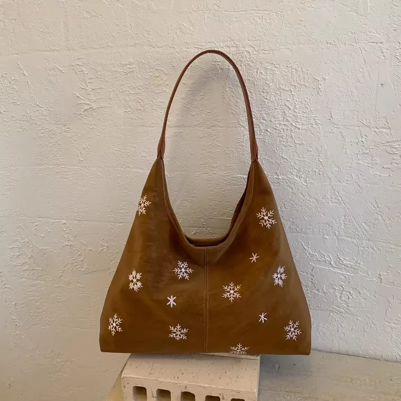 

Faux Suede Snowflake Tote Bags Women 2026 New Casual Large Capacity Vintage Shoulder Bag Magnetic Button Niche Brown Handbag