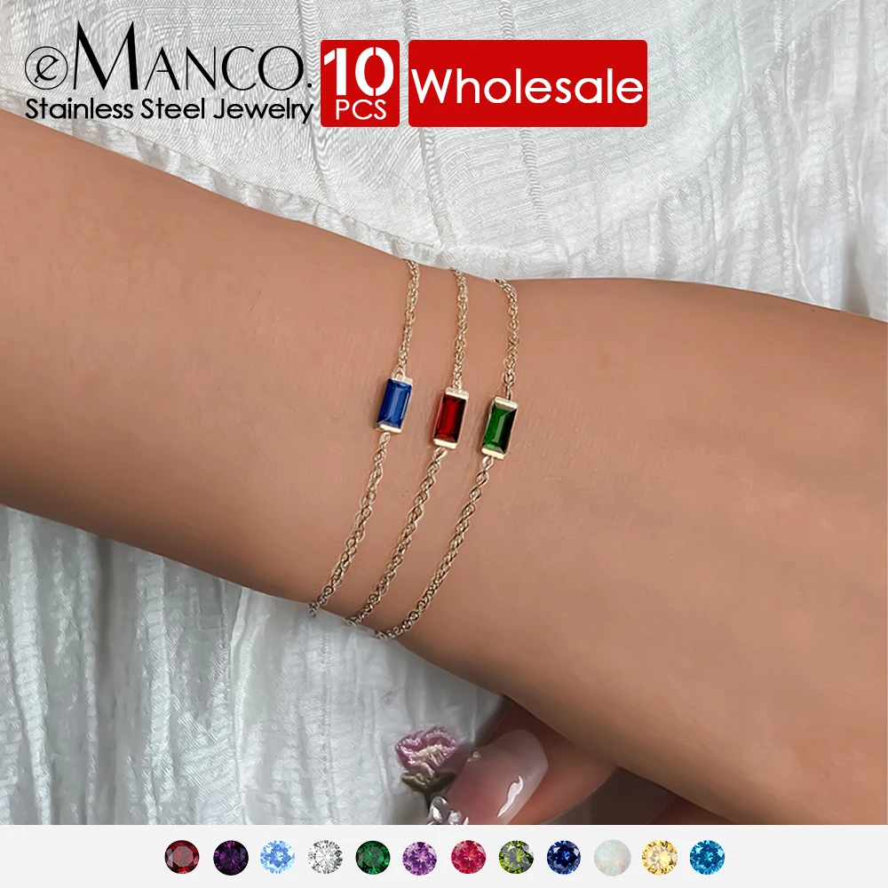 

eManco 10PCS Fashion Jewelry Stainless Steel 7*3MM Square Birthstone Bracelet Shiny High-end Rhinestone Bangle Christmas Gifts