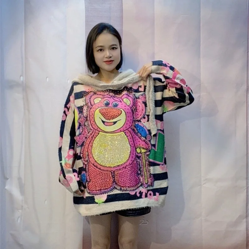 Heavy Industry Hot Diamond Bear Knitted Sweater Women Autumn and Winter Loose Mid Length Cartoon Hooded Top Pullover Sweaters