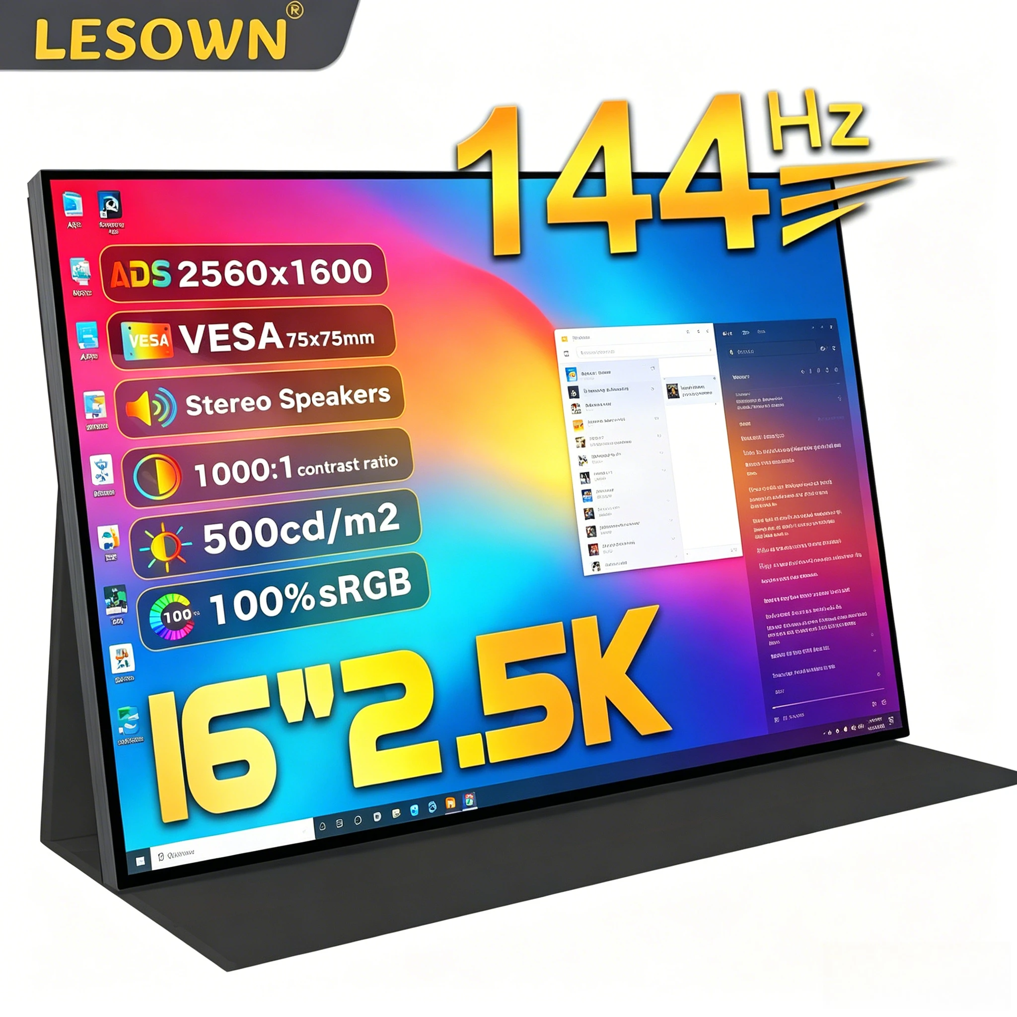 LESOWN 16" 2.5K 144Hz Capacitive Touch Portable Gaming Monitor Aluminum Alloy Screen for eSports PC Gamer Type-C