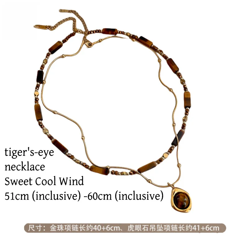 2025 New originality Creative Style Double layer Stacked Autumn/Winter Melad Beaded Tiger Eye Stone Pendant Necklace Retro Style