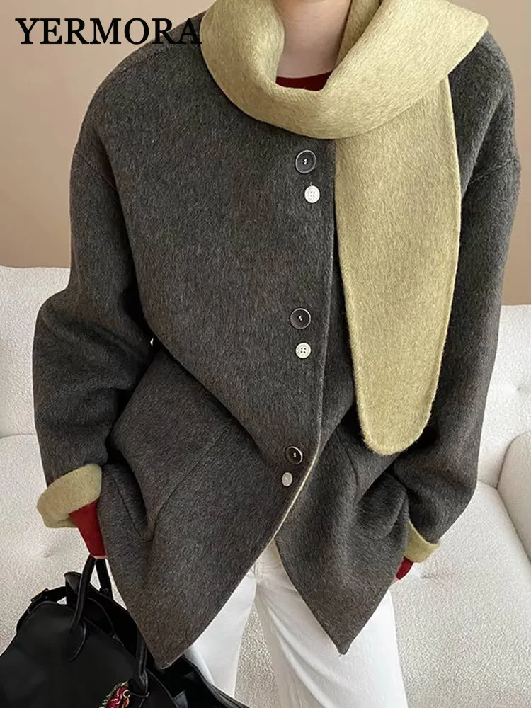 

YERMORA Beige Scarf Button Brief Casual Woolen Coat For Women O-Neck Long Sleeve Loose New Overcoat Fashion Autumn Winter 2025