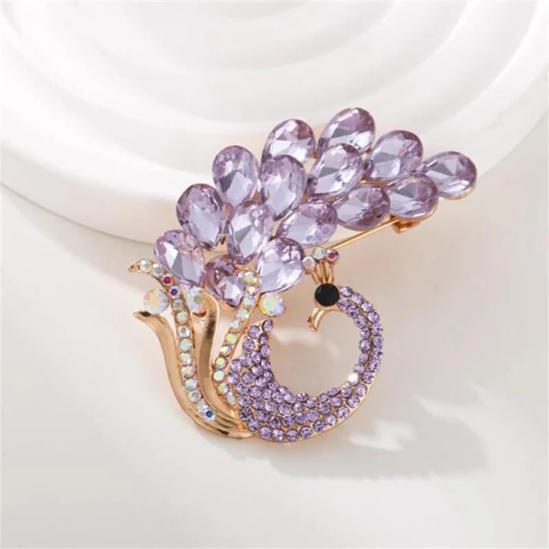 Luxury Classic Purple Peacock Rhinestone Brooches Pins For Women Girls Elegant Animal Crystal Badges Jewelry Accessories Gift