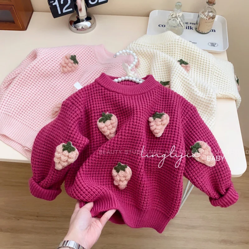 

01-Handmade 3D Strawberry Heavy Craft Lazy Thickened Sweater Autumn Winter Knitted Round Neck Stylish Girl's Sweater Base Shirt