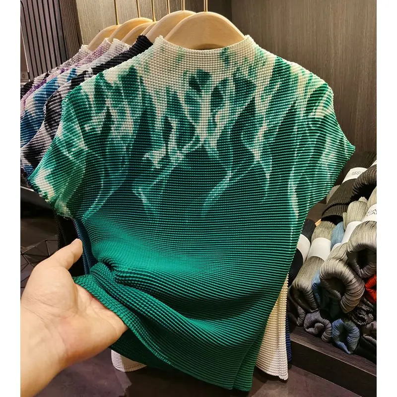 Printed Corn kernel pleated T-shirt women stand collar slim short sleeve top summer new style  women clothes