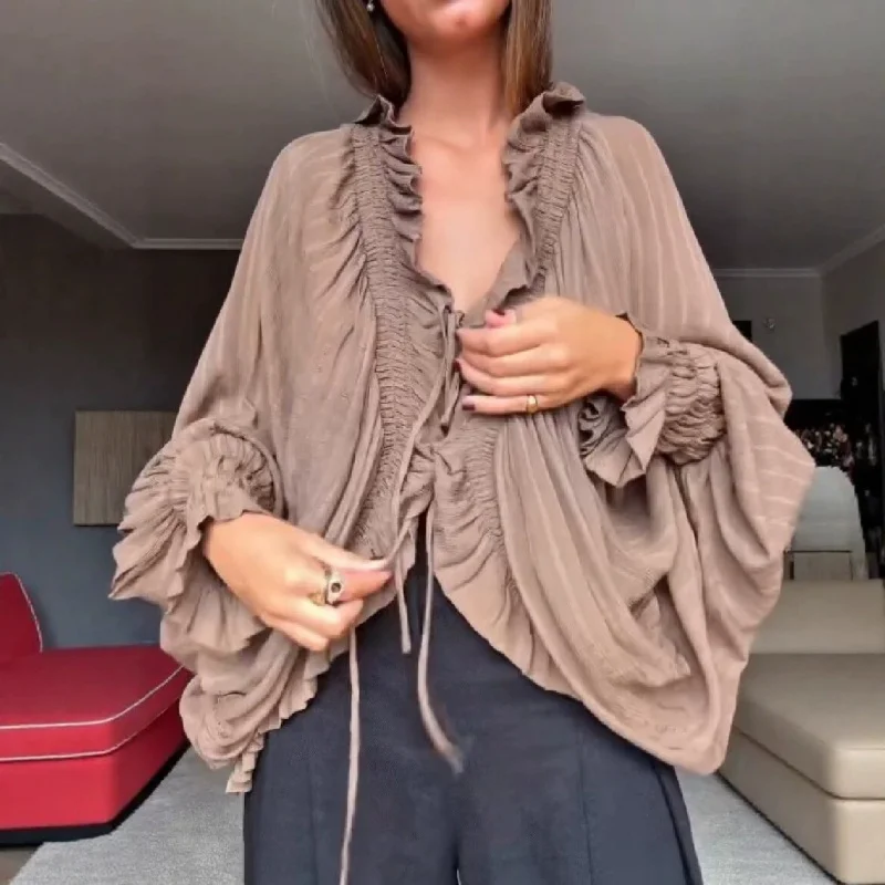Effortless Elegant Brown Open‑front Cover‑up Vintage Trendy Chic Trendy Female Tops Resort Boho‑style Casual Fashion Streetwear