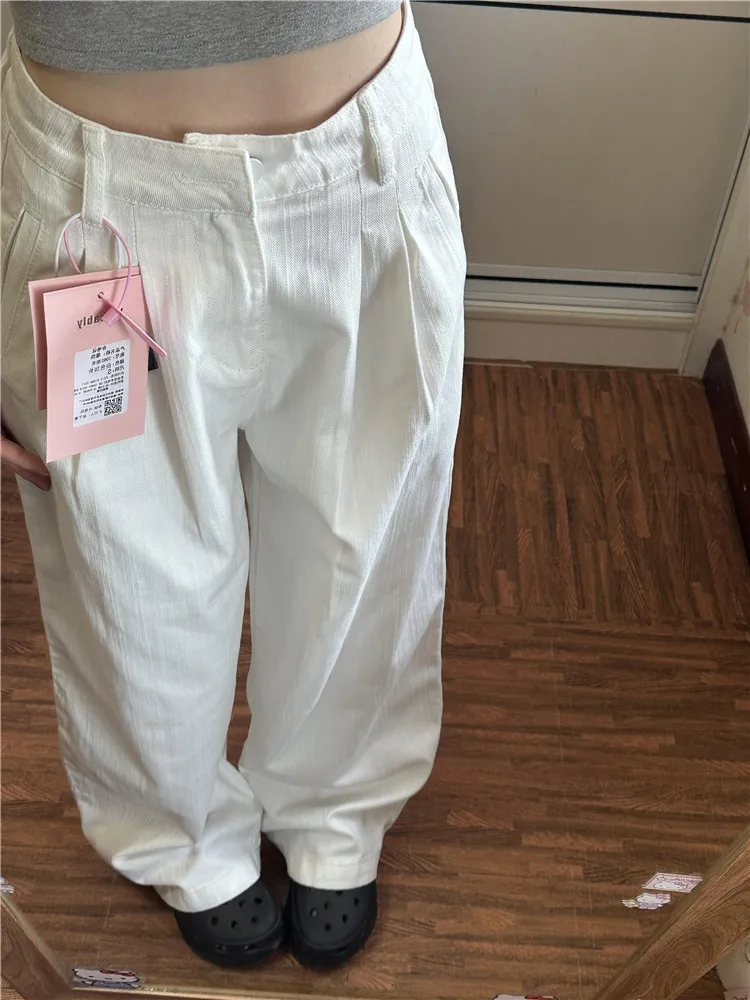 

American Retro High Waist Wide Leg Jeans Women Loose Drapey Taller Extended Pleated Floor-Length Straight Leg Pants