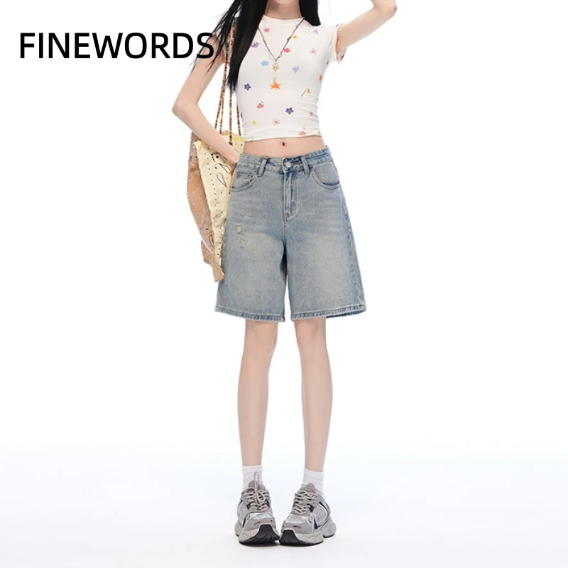 FINEWORDS Casual Summer Women Light Wash Denim Bermuda Shorts High Waist Loose Wide Leg Distressed Knee Length Jean Shorts