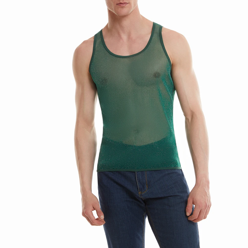 Men Shiny Mesh Muscle Vest Sexy See-Through Undershirt Male Gym Fitness Tank Tops Soft Transparent Undershirt Sleeveless T-shirt