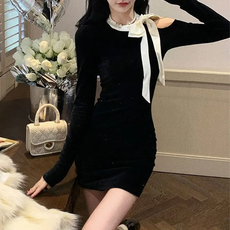 Hotsweet Fashion Bow Mini Dress Women's Clothing Elegant Bag Hip Autumn Winter Slim Off Shoulder Aura Basic Long Sleeve Dresses