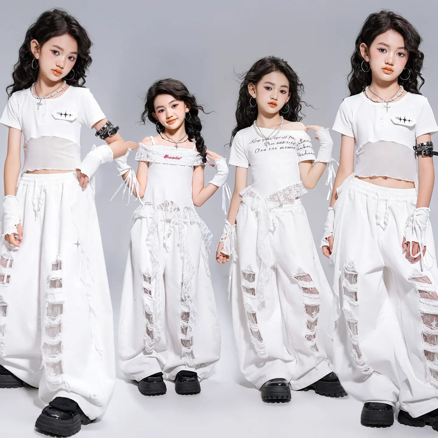 

Kid Kpop Hip Hop Clothing White Lace Trim Crop T Shirt Top Casual Distressed Ripped Pants for Girls Jazz Dance Costumes Clothes