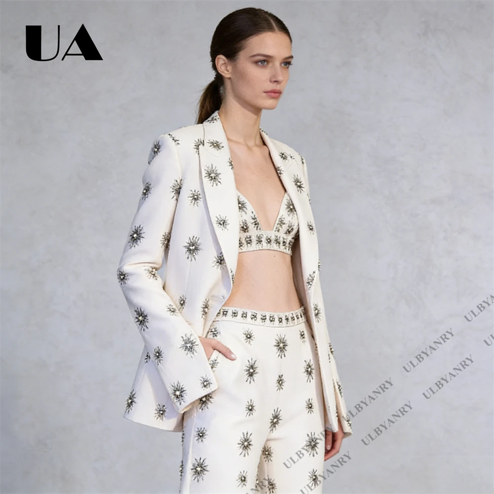 ULBYANRY Women's Embroidered Suit Set Crop Blazer with Crystals and Beads High - Waisted Pants Sexy Club & Streetwear Set