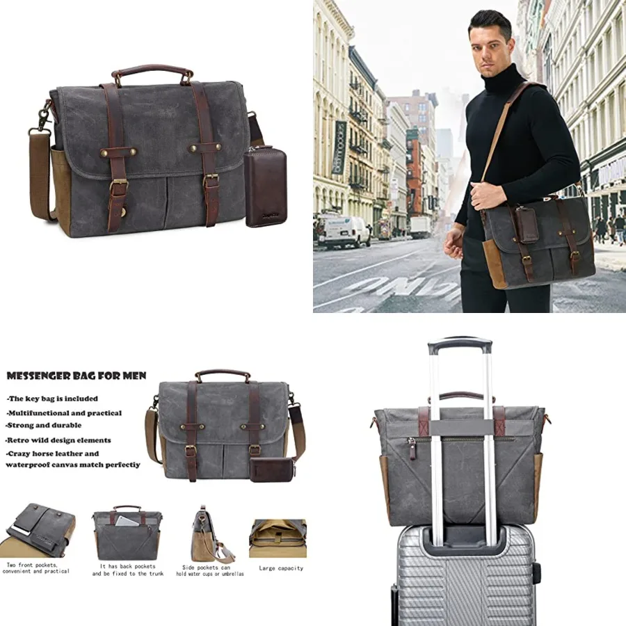 Messenger Bag for Men, Waterproof Genuine Leather Waxed Canvas Briefcase 15.6 Inch Laptop Larger Shoulder Bag with Key Bag