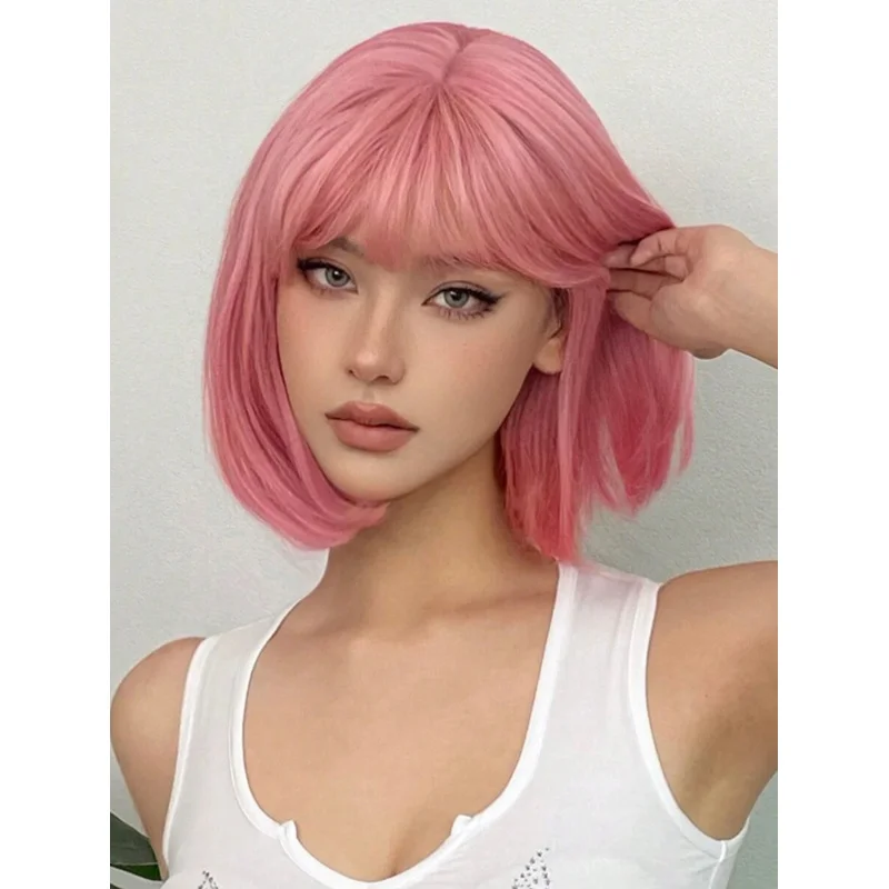 

14-дюймовый прямой розовый парик-боб с челкой, синтетический парик для женщин, подходит для повседневного использования, вечеринок, косплея, фотосъемки