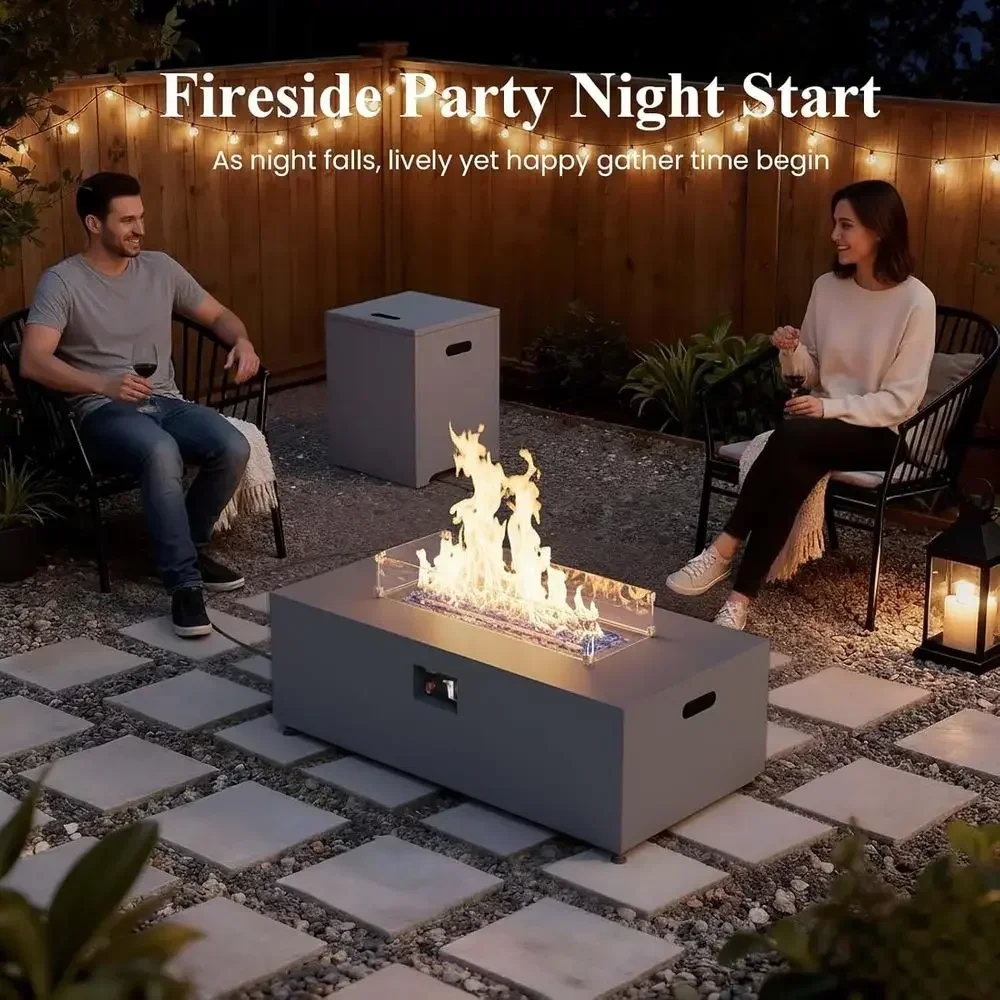 42 Outdoor Propane Fire Pit Table with Hidden Tank, Glass Wind Guard, Waterproof Cover & Lid