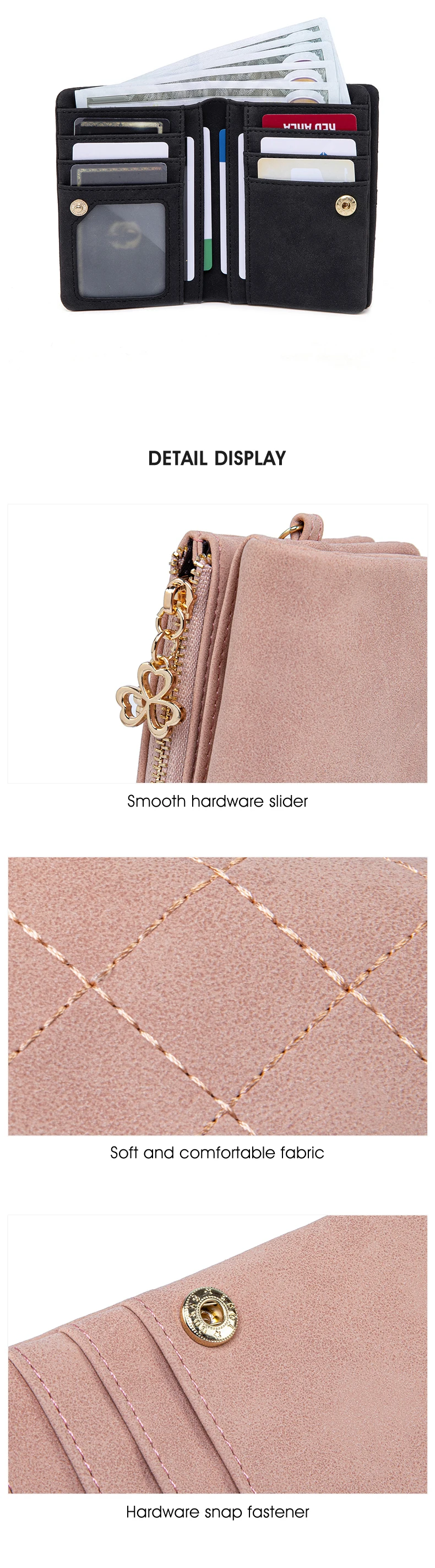Retro-Bi-Fold Damen-Geldbörse, stilvolle, gesteppte, diamantmusterierte Münzbörse, hochwertige PU-Leder-Kurzbörse mit Handgelenkschlaufe – Detail 9