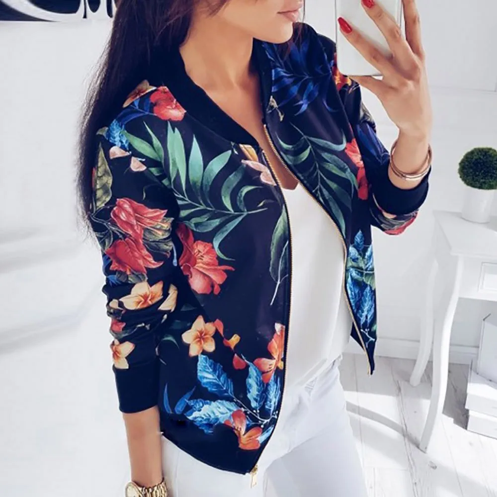 Women Ladies Printing Long Sleeve Tops Zipper Jacket Outwear Loose Tops Streetwear Autumn Winter Jackets Loose Coat