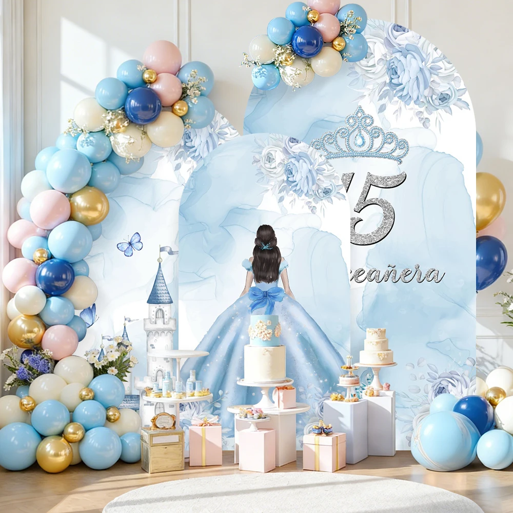 

Фон с крышкой арки на тему дня рождения, односторонний синий замок принцессы, высокие каблуки, номер 15, декор, вечерние детские портретные фоны