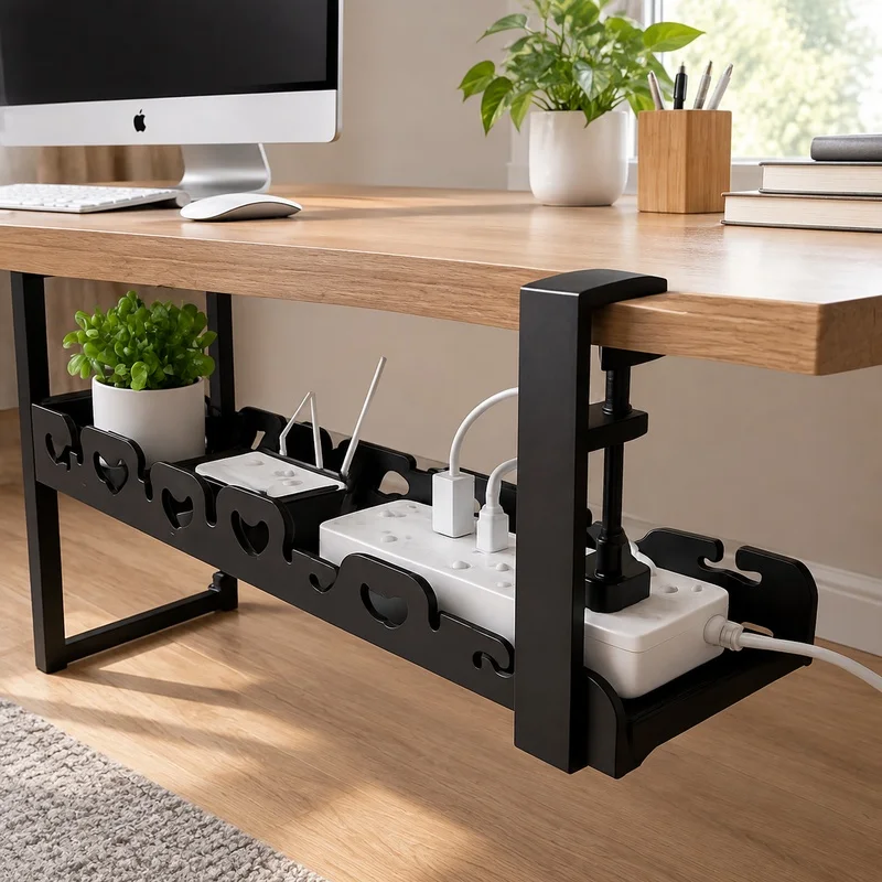 Under-Desk Metal Tray for Cable Storage and Desk Wire Management, No-Drill Installation for Home Office Use