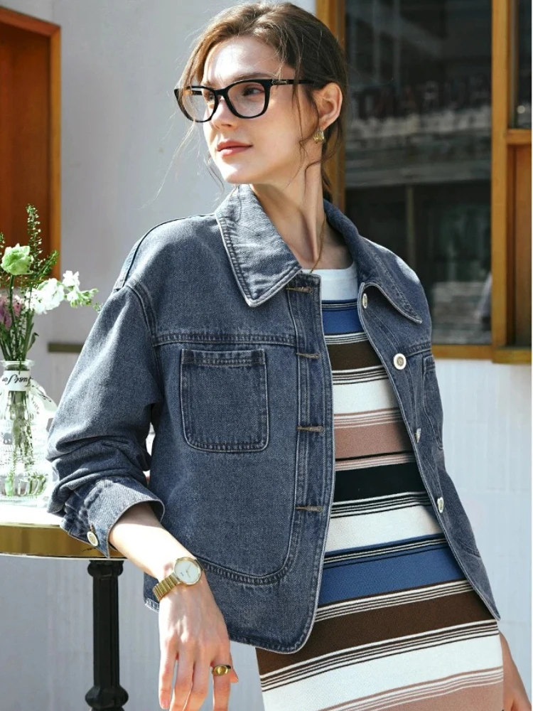

OLrain Vintage Denim Jackets Cotton 2025 Autumn Streetwear Turn Down Collar Single Breasted Pockets Coat Outdoor Top G24CW89205