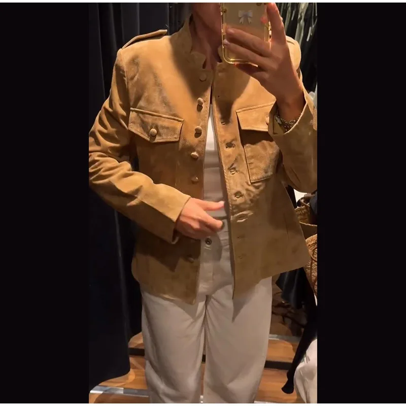 2026 Herbst Vintage Einreihige Jacken Damen Einfarbig Stehkragen Taschen Langarm Mantel Damen Freizeit-Oberbekleidung – Detail 12