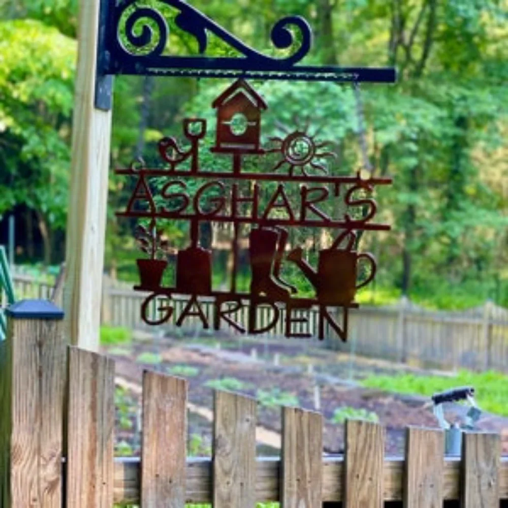 Custom Metal Hanging Garden Sign Customized with Your Family Name or Garden Name As Beautifully Crafted Unique Outdoor Decor